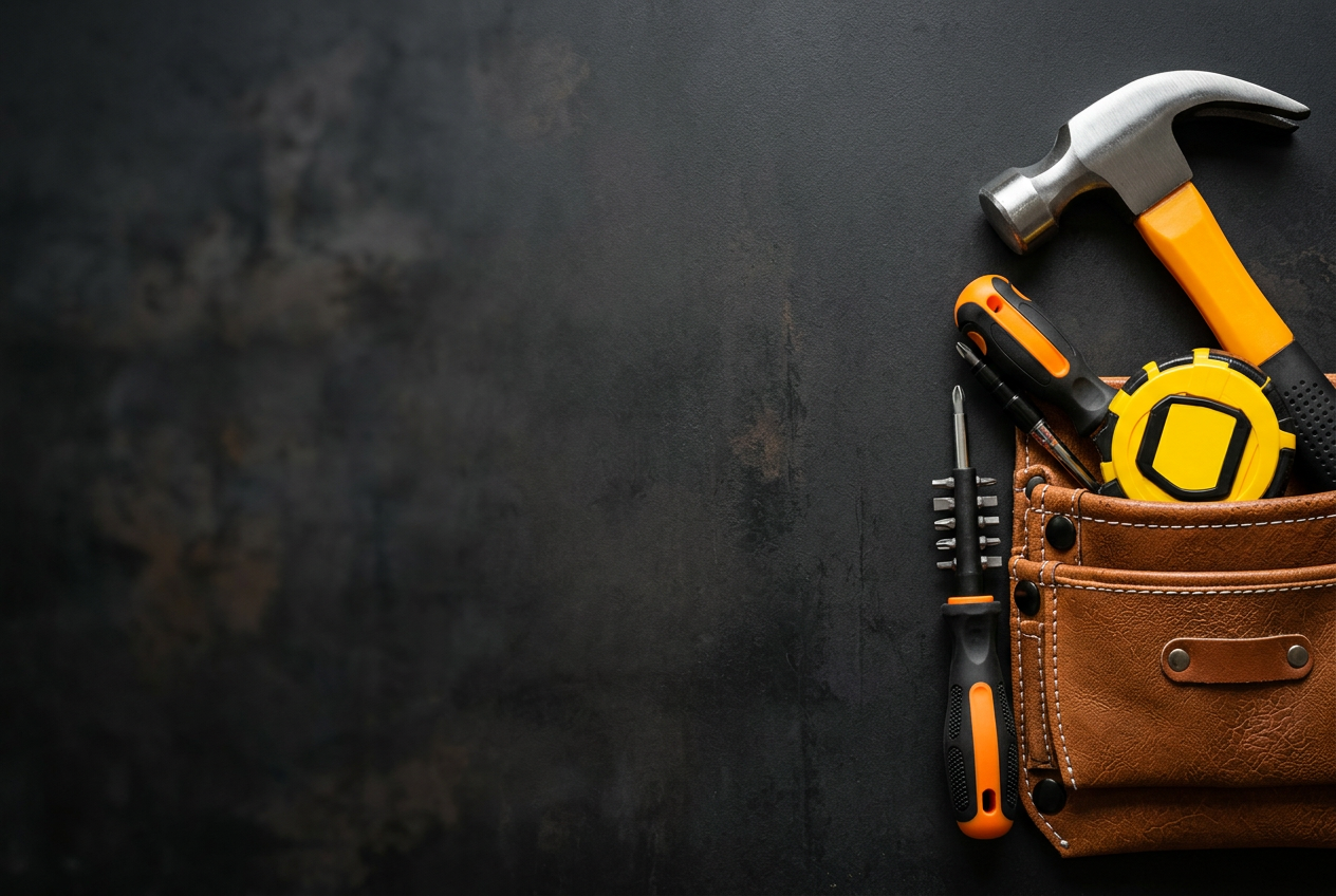 Hammer, tape measure and screwdrivers in a handyman tool pouch